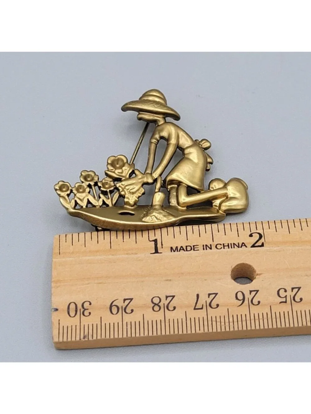 Gold Tone Gardening Woman Brooch Lady Kneeling Planting Flowers Vintage